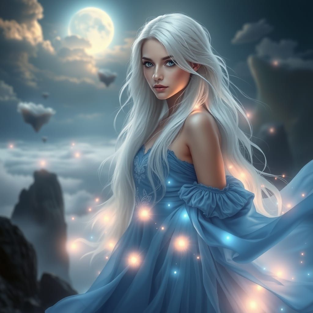 Ethereal Woman in Fantasy Landscape with Magical Lights