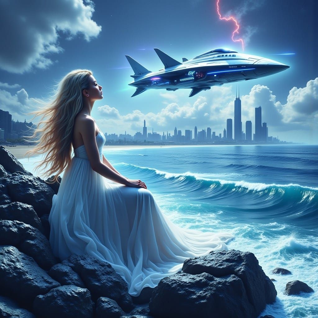 Woman Watches Spaceship Over Futuristic Cityscape