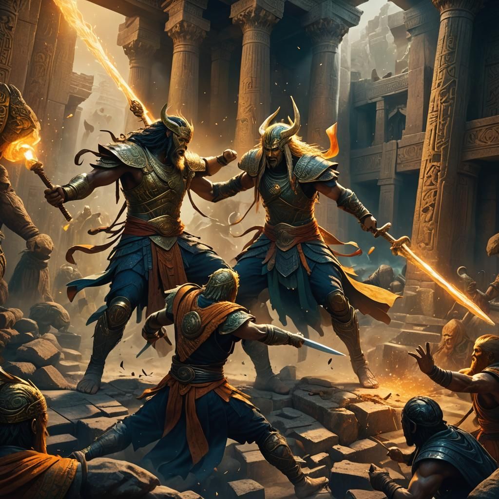 Epic Battle: Gilgamesh and Enkidu in Ancient Temple