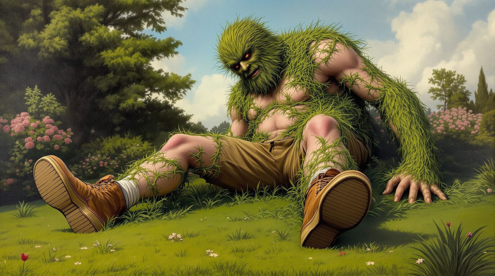 Giant Weed Man Destroys Grandma's Lawn in Epic Oil Painting
