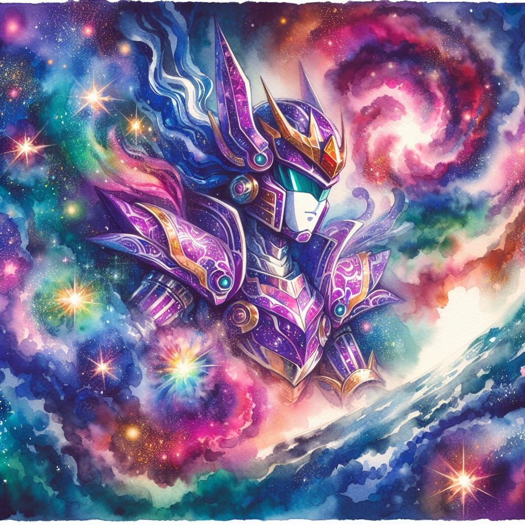 Galaxy Armor Girl in Watercolor Nebula