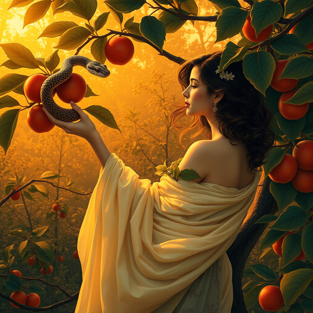 Woman Reaching for Apples in Art Deco Forest