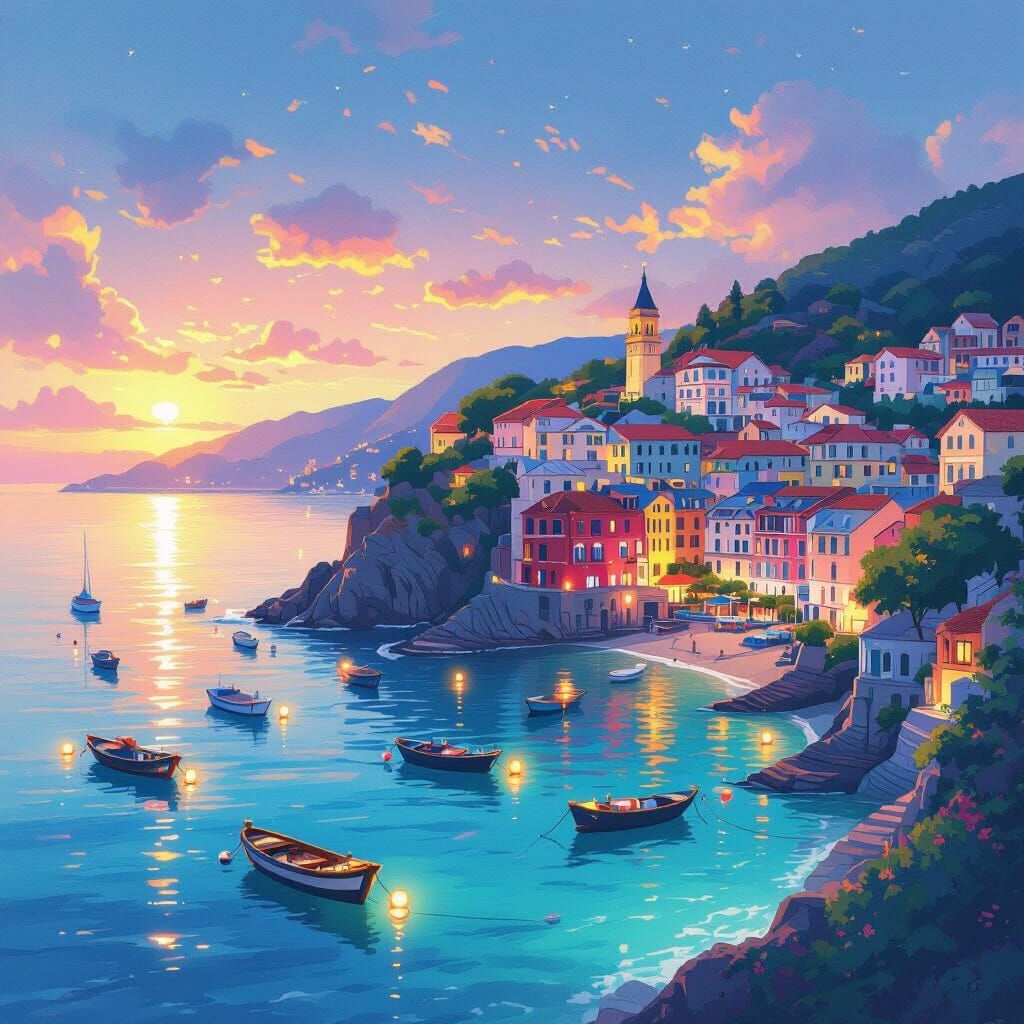 Twilight Seaside Town in Anime Style