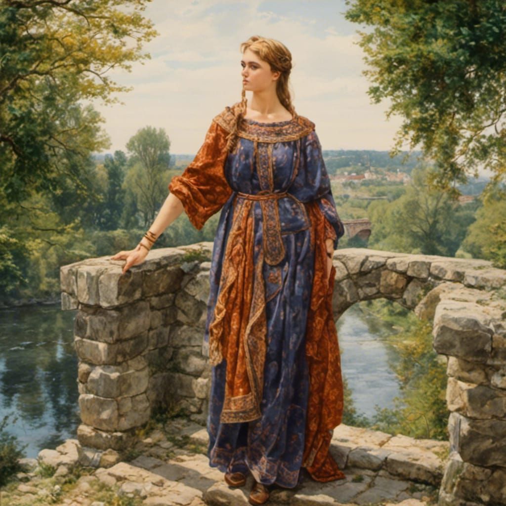 Woman in Rich Robes on Bridge in Hyperrealistic Style