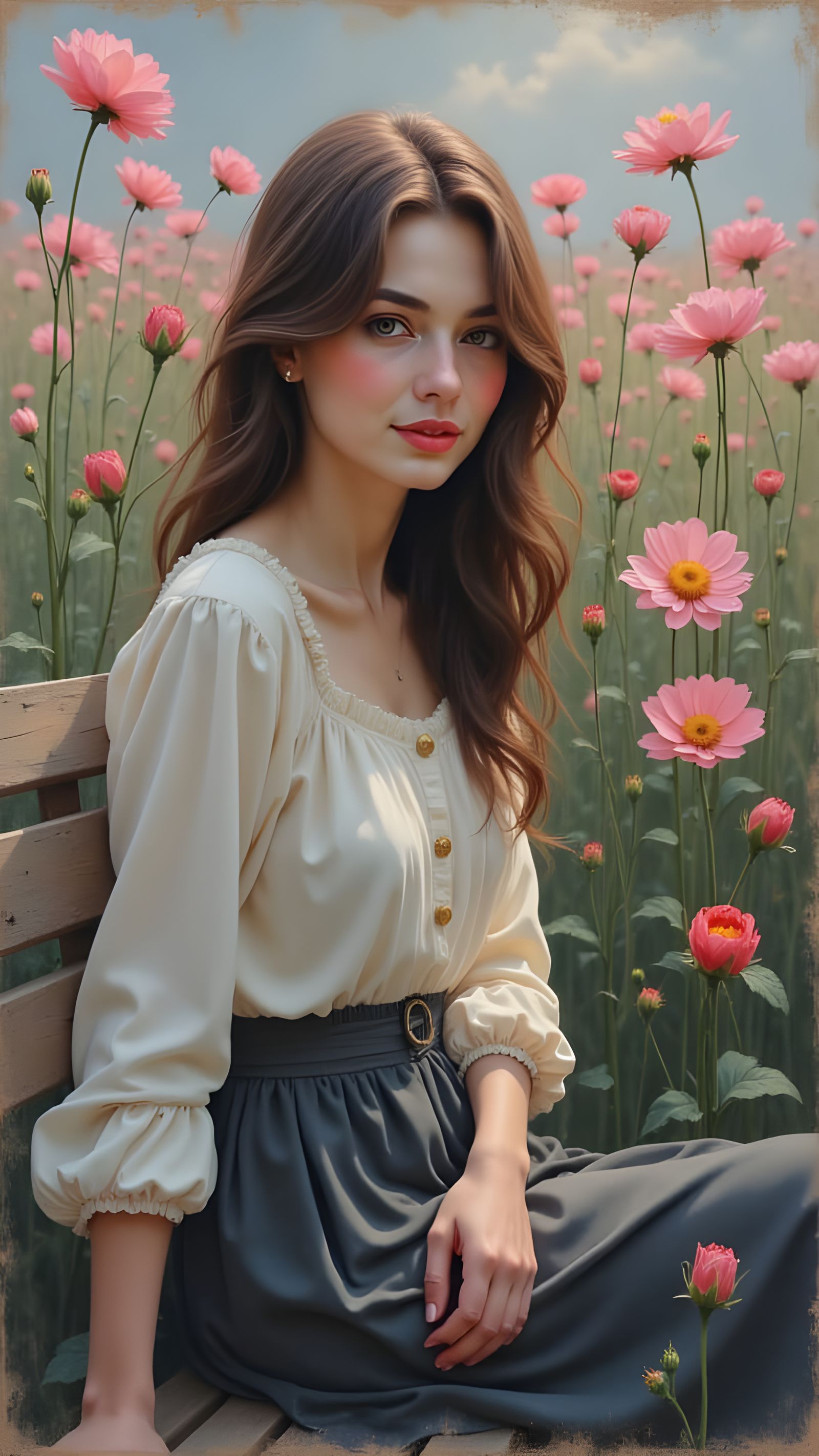 Young Woman in Wildflower Field, Impressionistic Portrait
