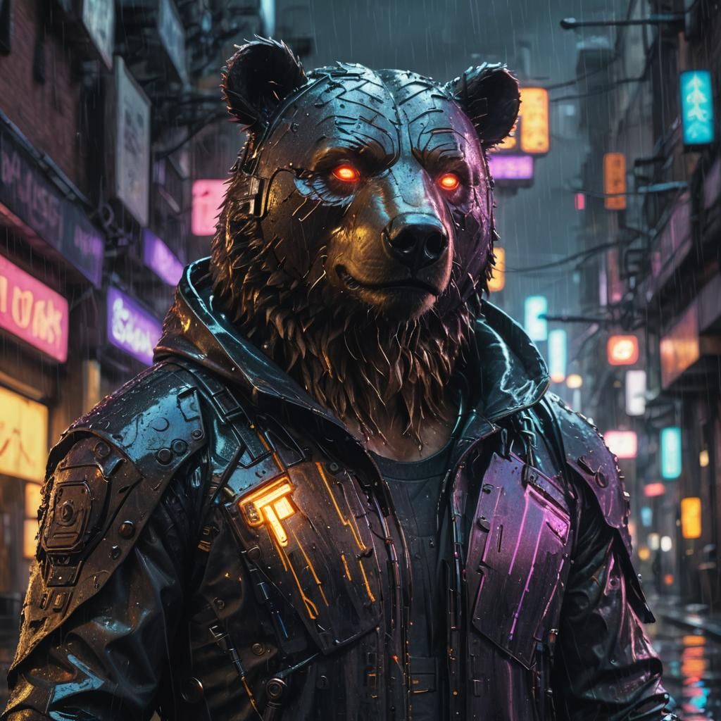 Cyberpunk Robotic Bear-Man Portrait in Rainy City