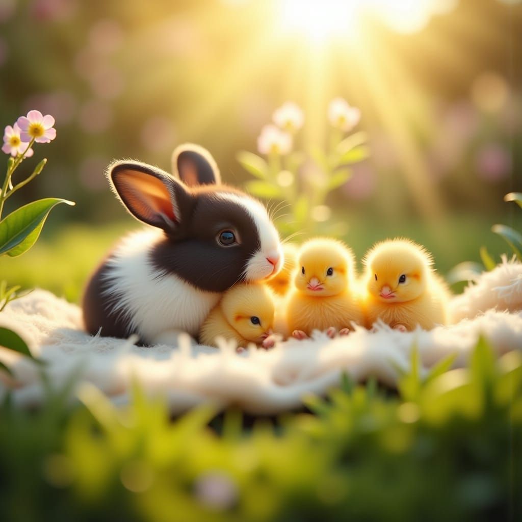 Cute Bunny and Chicks on Garden Blanket
