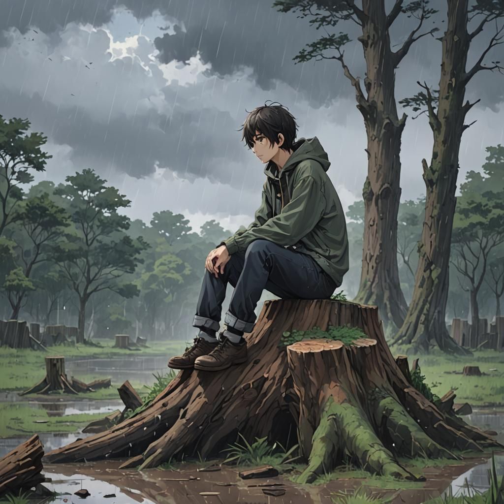 Depressed Man Sits During Rainy Day, Anime Style