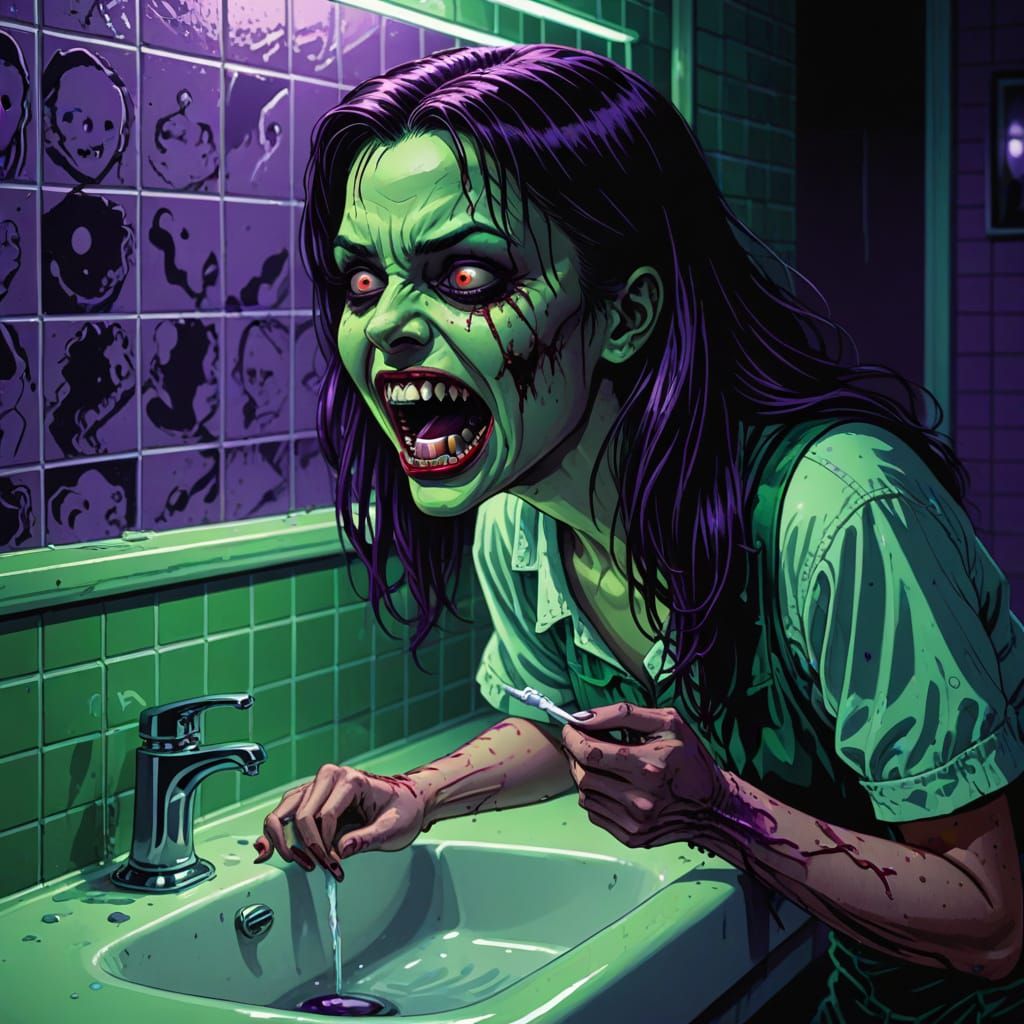 Eerie 90s Horror: Girl Brushing Teeth Illustration