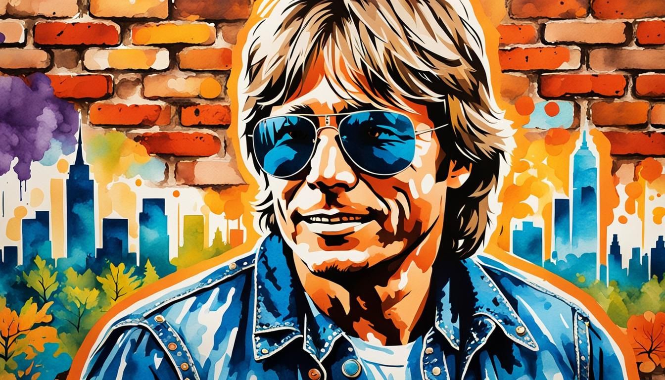John Denver Pop Art Portrait with Skyline Mural