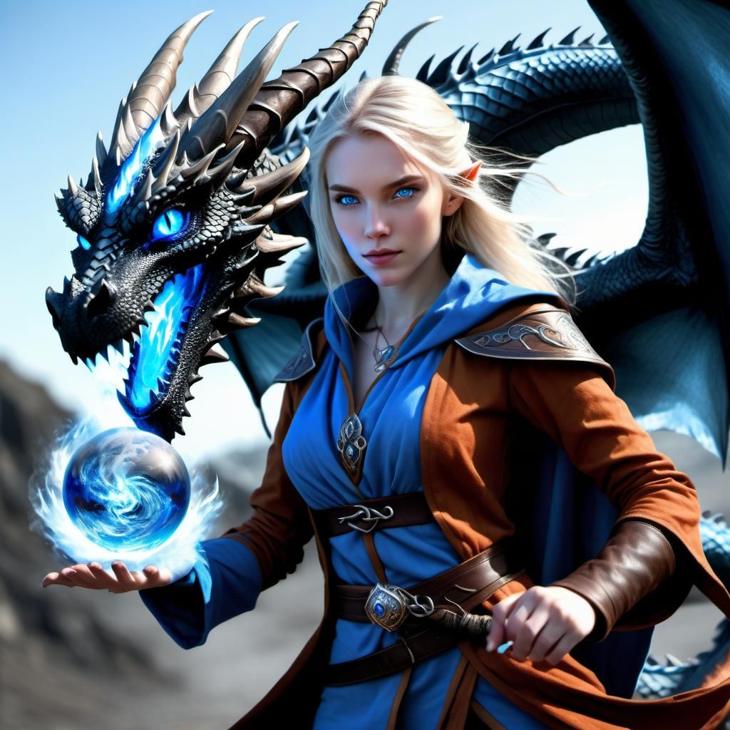 Elemental Mage with Dragon in Photorealistic Detail