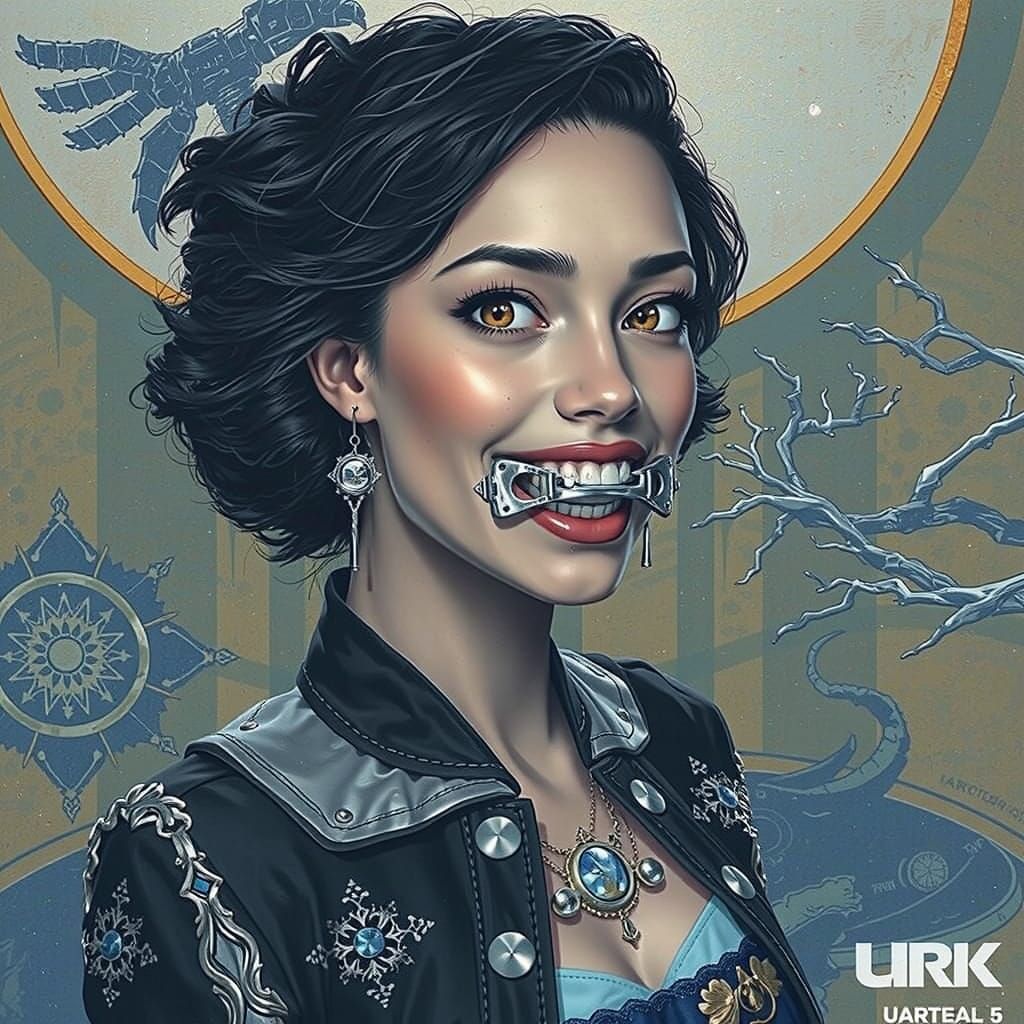 Woman with Enigmatic Smile and Horse Bit Gag in Futuristic L...