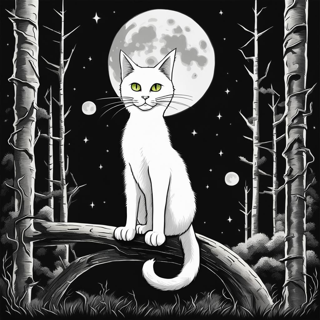 White Cat Silhouetted in Tim Burton Cartoon Style