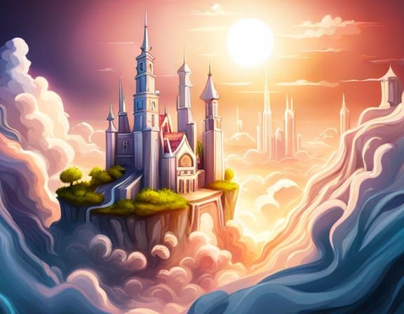 Fantasy Fairy City Among Fluffy Clouds