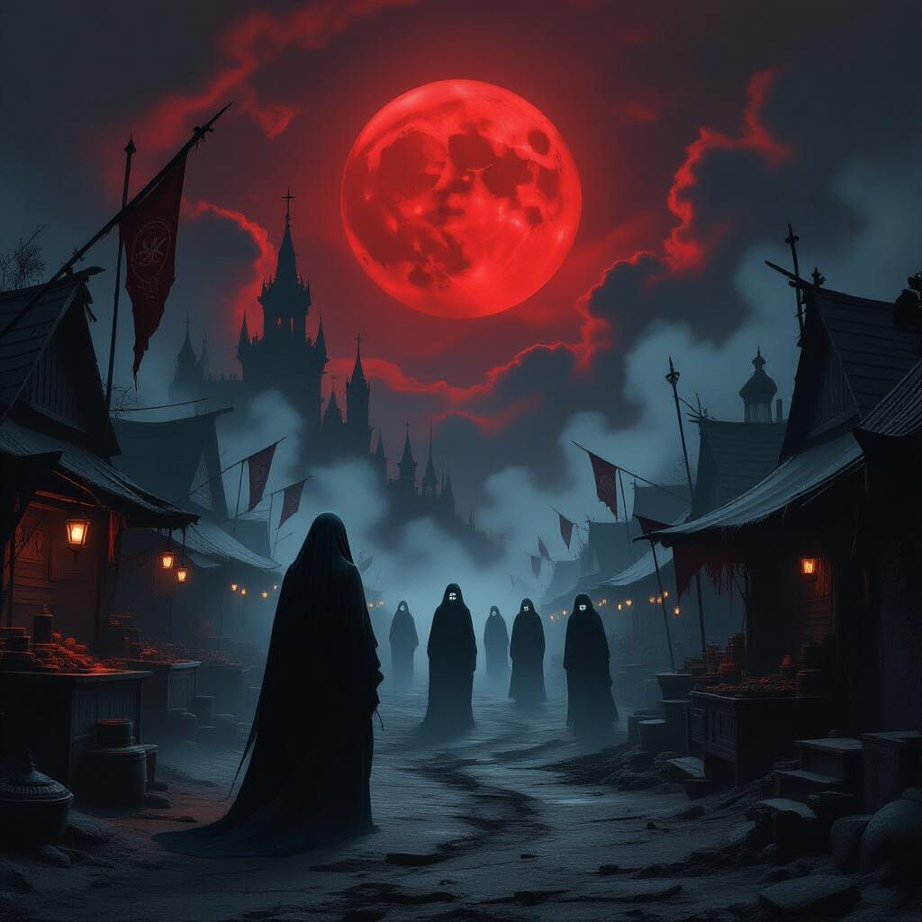 Ethereal Festival Under Blood Moon with Ghostly Figures