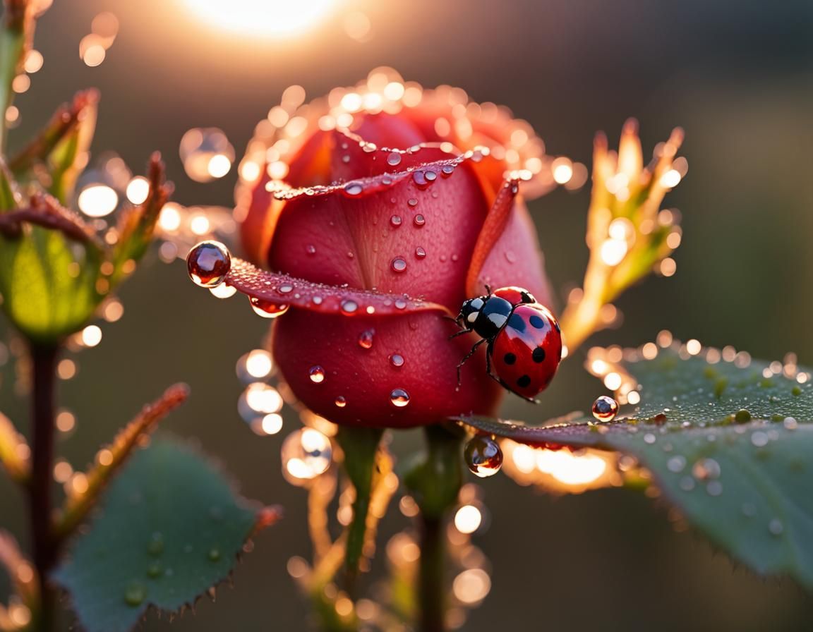 Dew Drops and Ladybug on Rose Bush