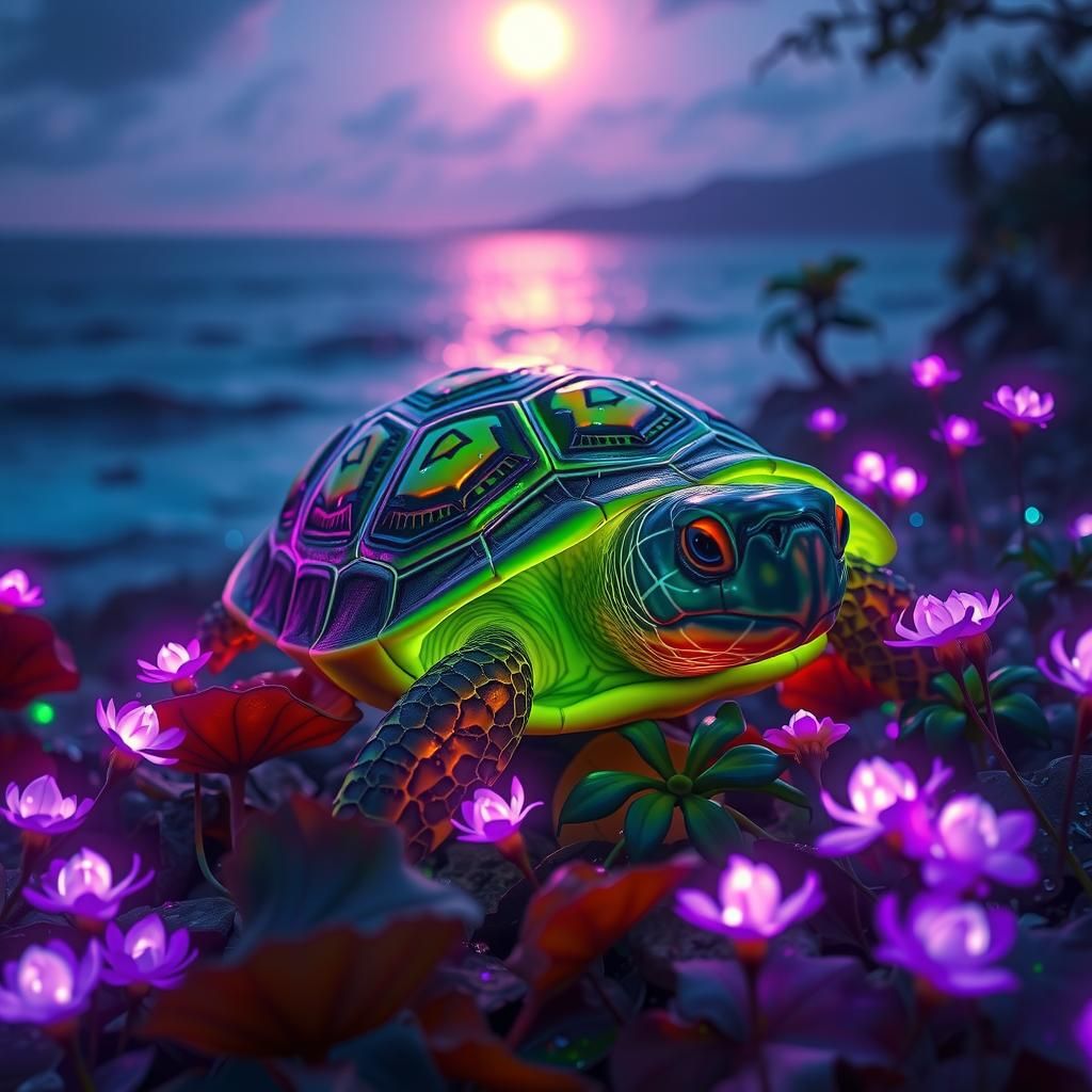 Bioluminescent Neon Tortoise in Fantasy Landscape