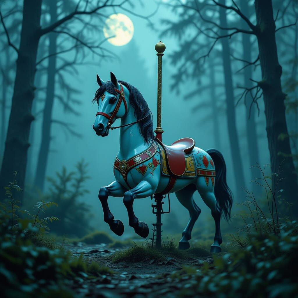 Melancholy Carousel Horse in Misty Forest Clearing