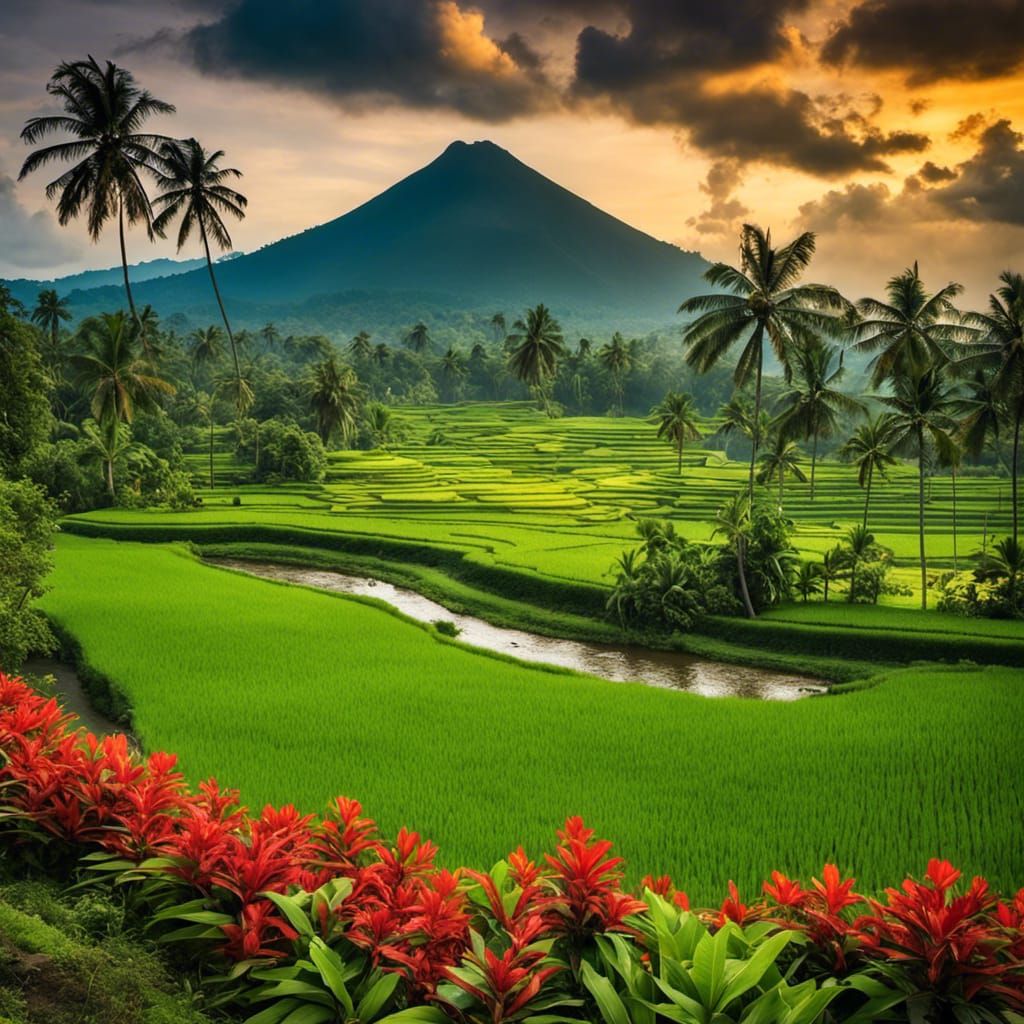 Lush Indonesian Landscape with Volcano, Photorealistic