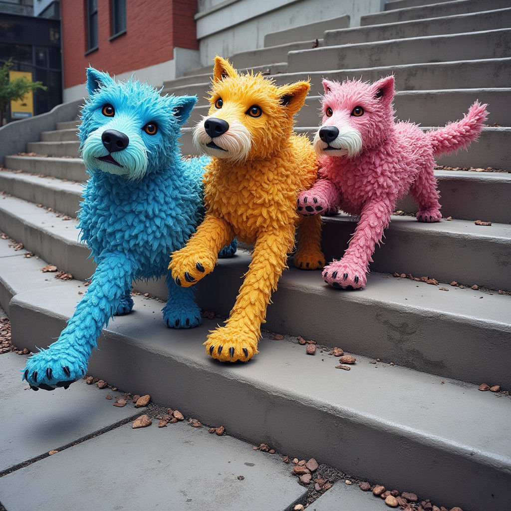 3D Dogs Climbing Stairs in a Chalk Street Art