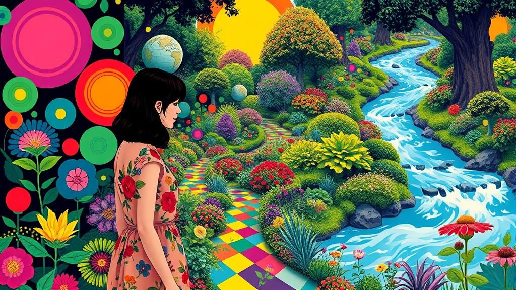Kaleidoscopic Garden with Winding River in Op Art Style