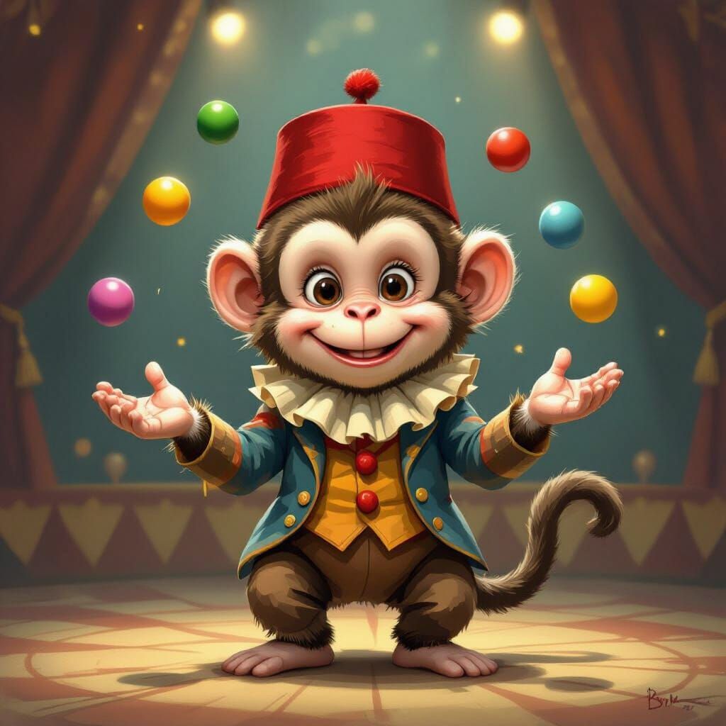 Mischievous Clown Monkey Juggling in Vintage Circus