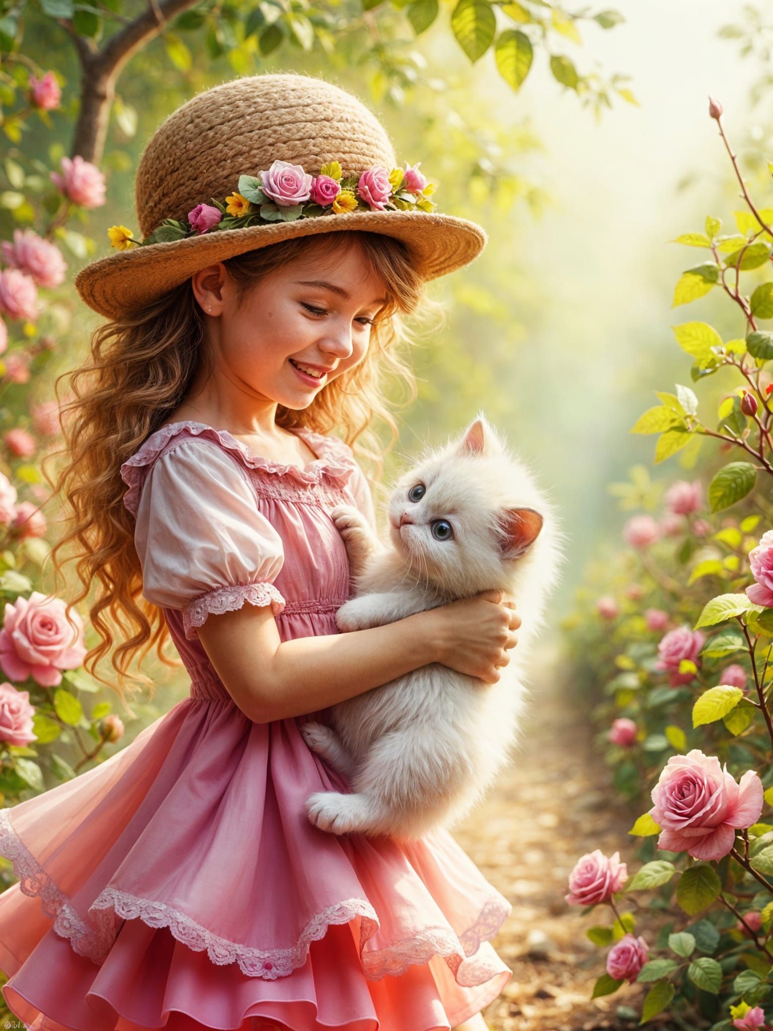 Little Girl and White Kitten in a Pink Floral Dress