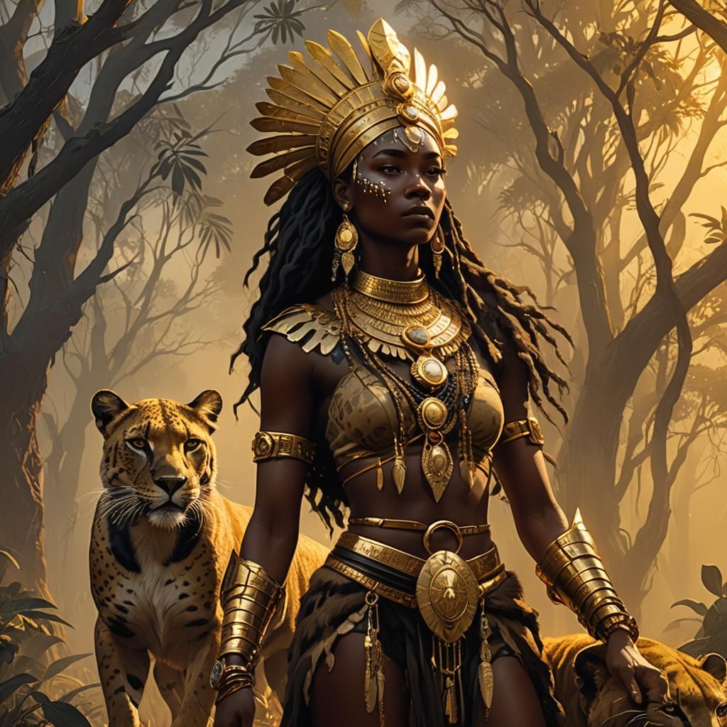 Regal African Goddess with Panther: Fantasy Art