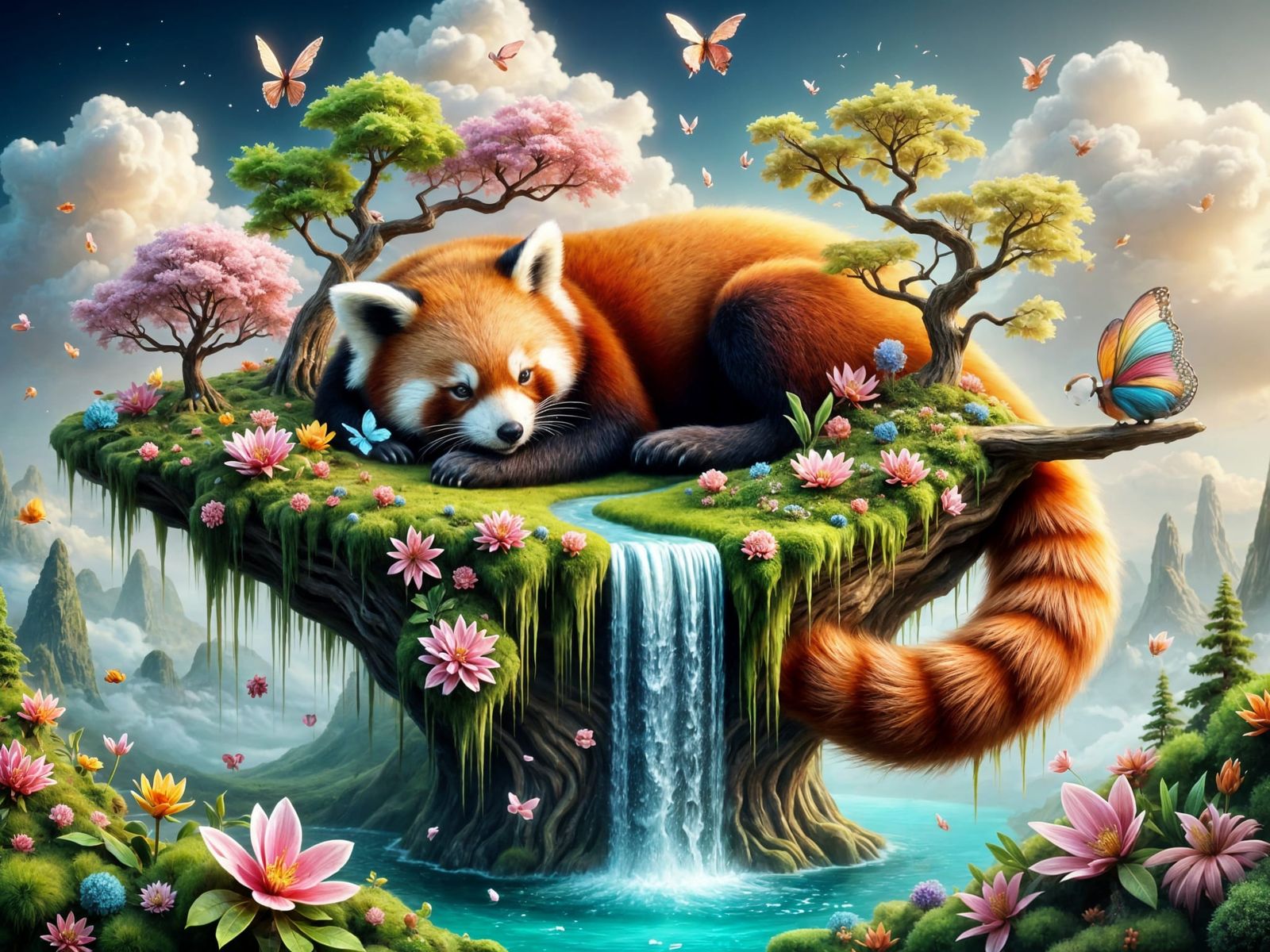 Surreal Red Panda Dreamscape in Whimsical Fantasy Style