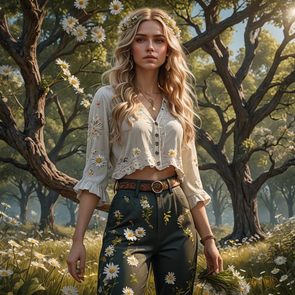 Boho Girl with Daisy: Hyper-Realistic Digital Art