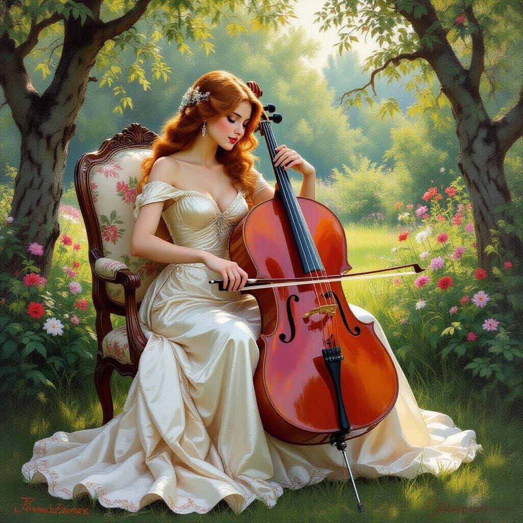 Woman Playing Cello in Garden, Oil Painting