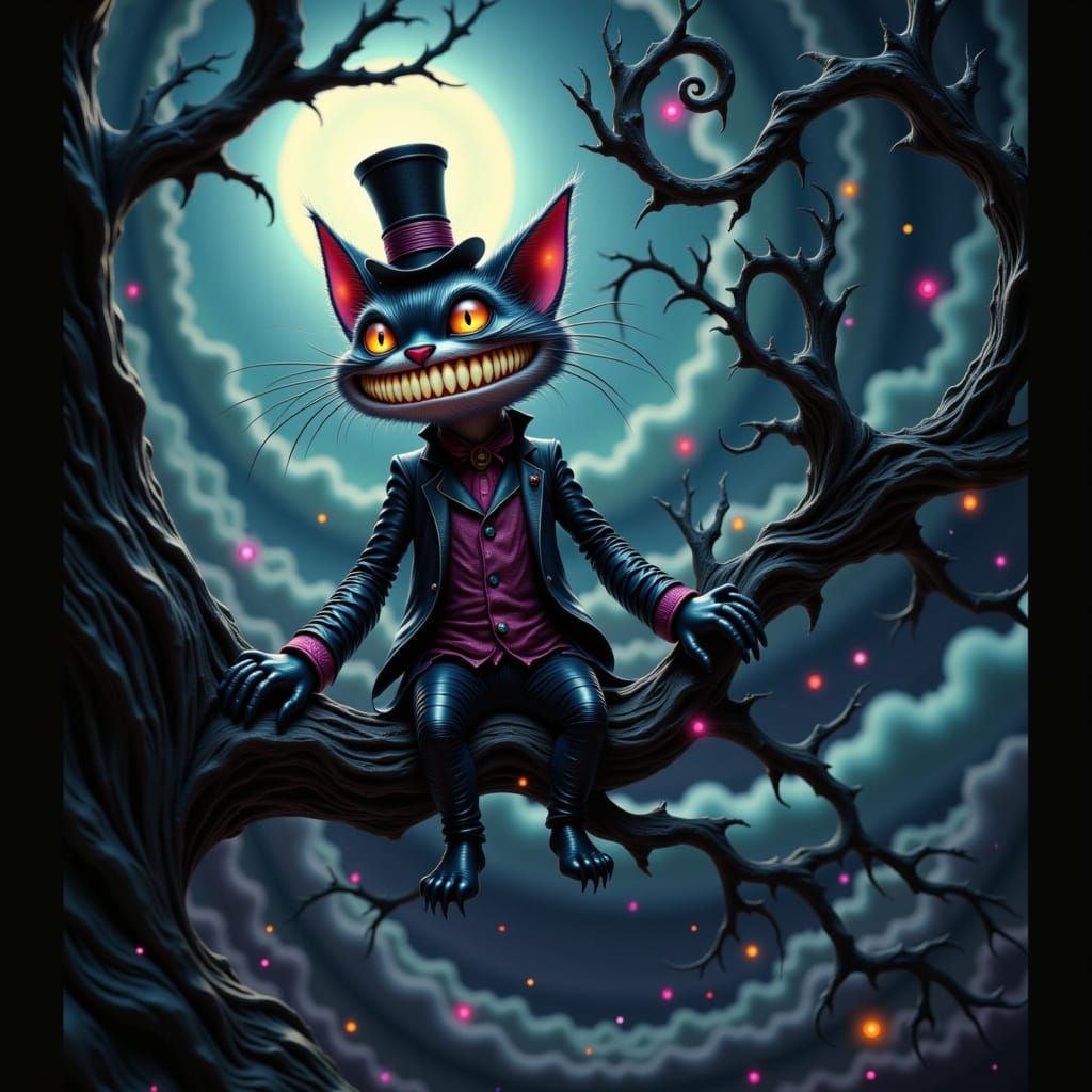 Gothic Cheshire Cat with Top Hat in Dark Fantasy Style