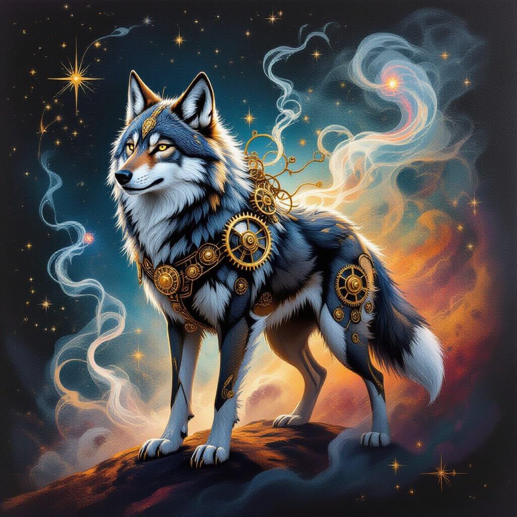 Steampunk Wolf in Cosmic Chalk Art Style