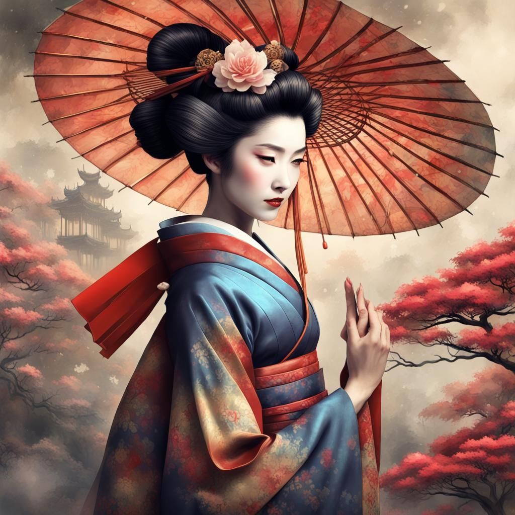 Geisha Tea Ceremony on Vintage Parchment in Watercolor