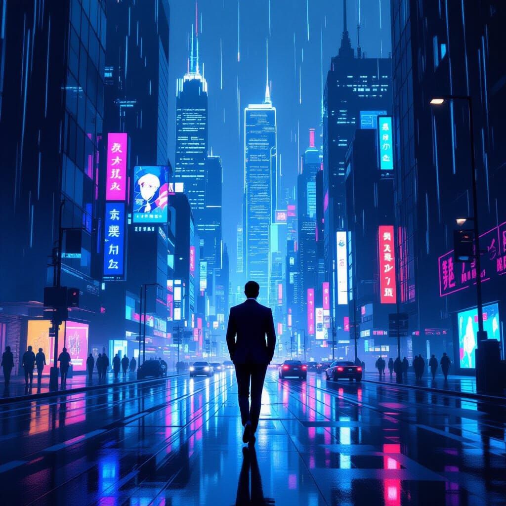 Cyberpunk Metropolis Street Scene with Determined Figure