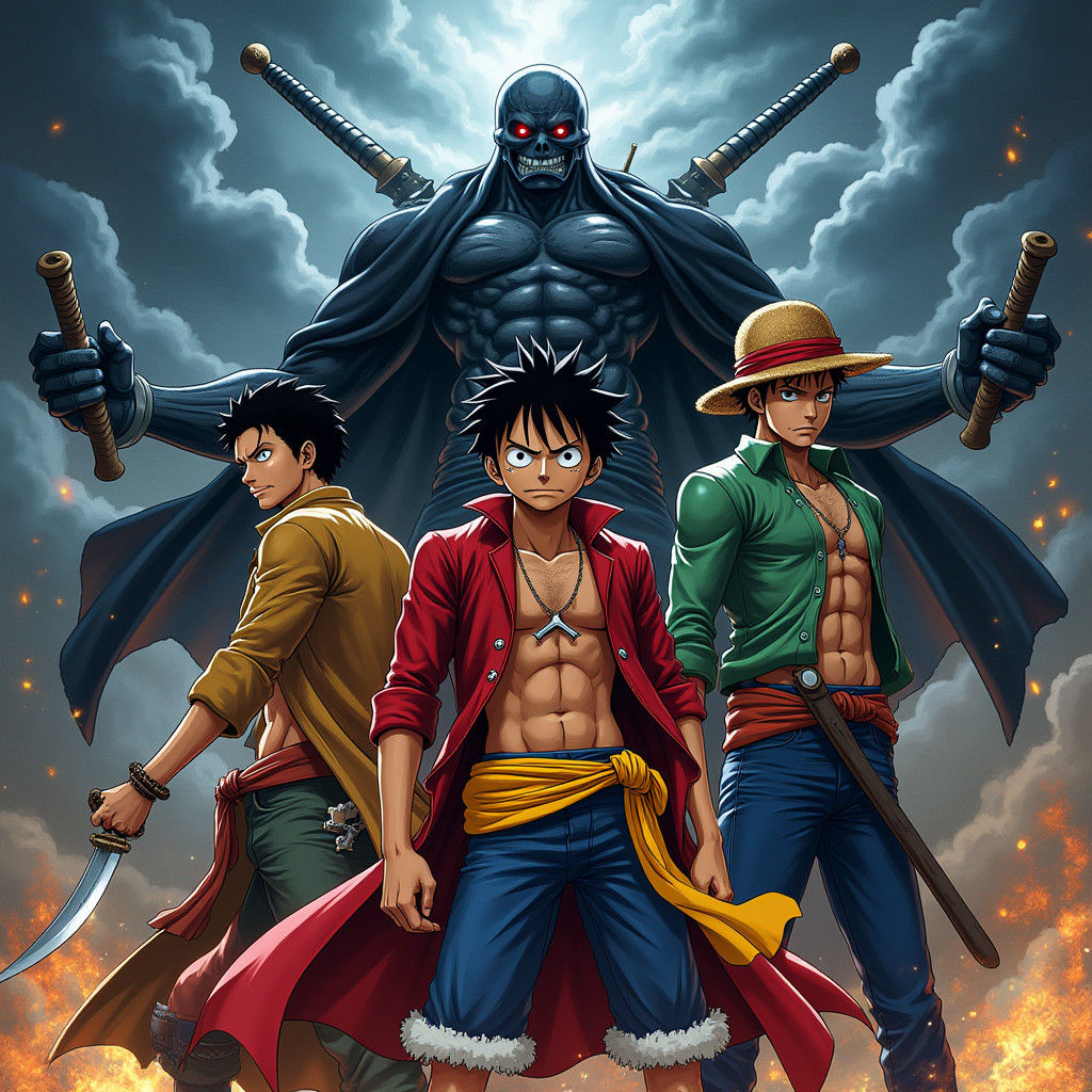 Luffy, Zoro, and Sanji vs Blackbeard in Manga Style