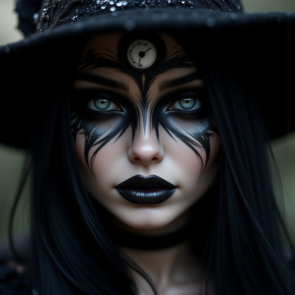 Surreal Sorceress with Face Paint and Witch Hat