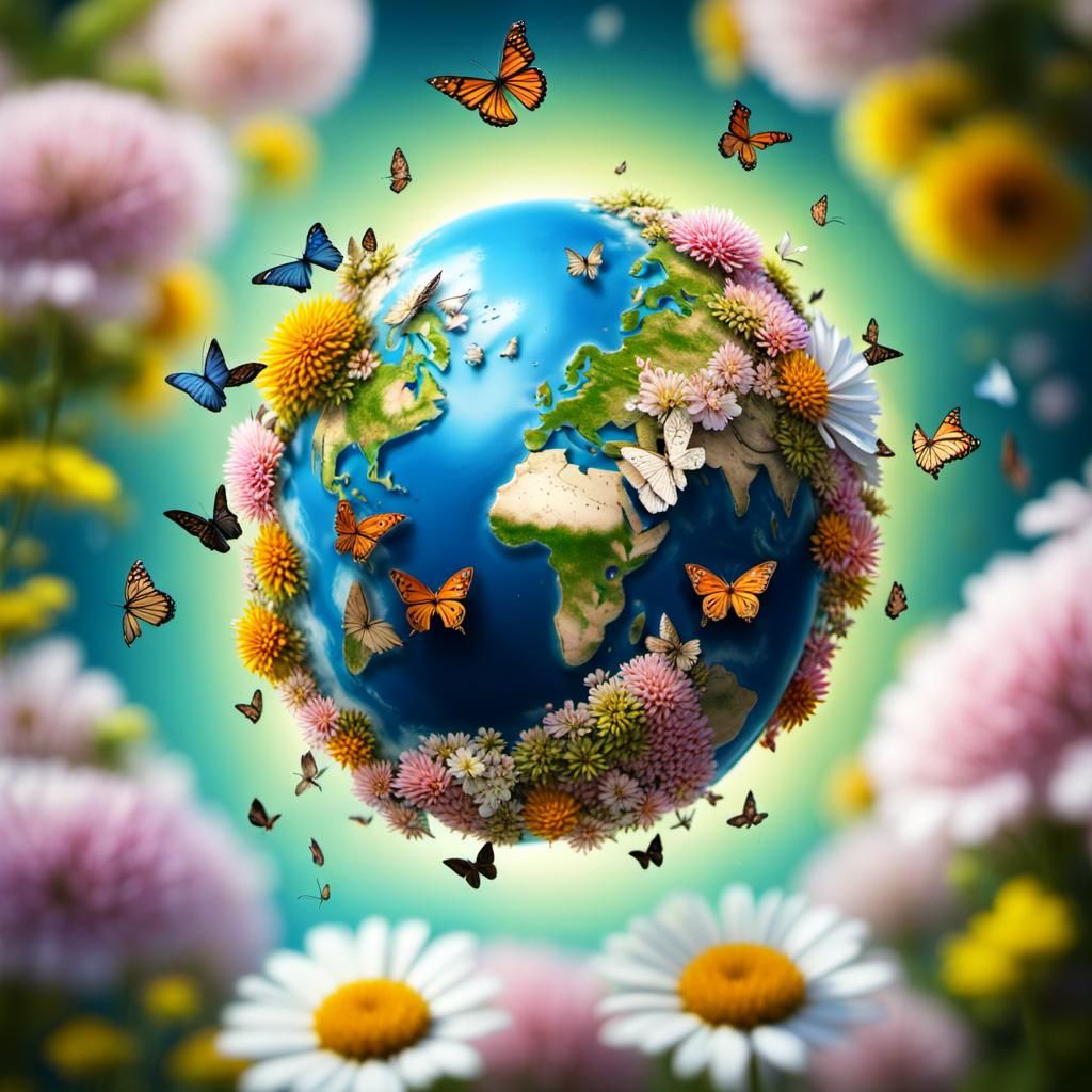 Earth Globe Surrounded by Flowers and Butterflies