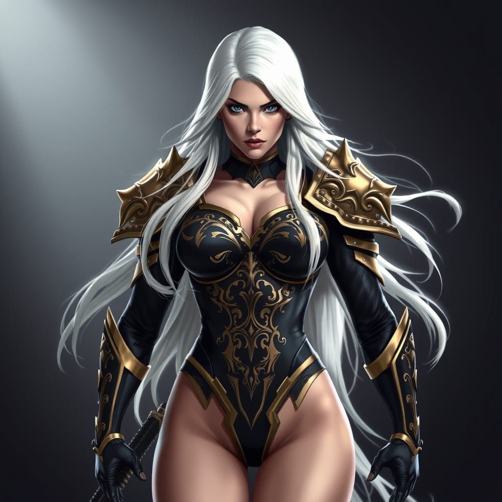 Confident Fantasy Warrior in Black and Gold Armor