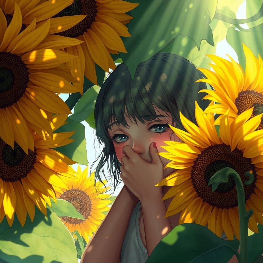 Girl Hiding Under Giant Sunflowers in Hyperrealistic Style