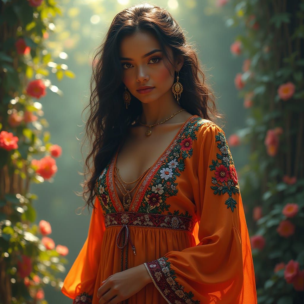 Exotic Fantasy Goddess in Vibrant Mexican Dress