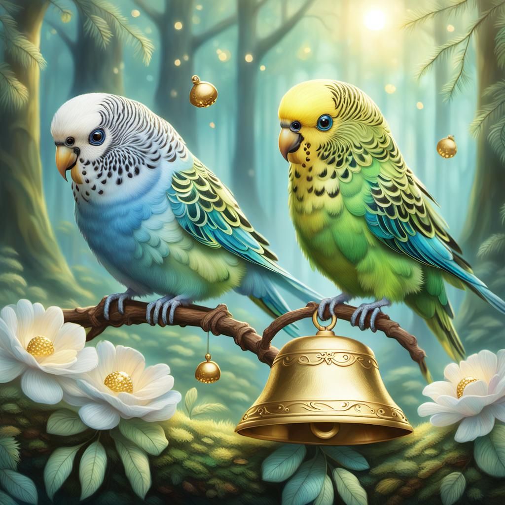 Budgie Plays Whimsical Forest Scene in Ethereal Art