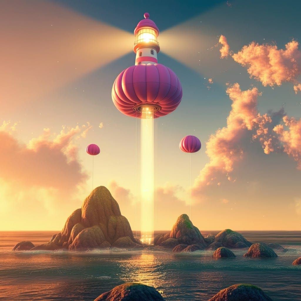 Whimsical Cartoon Lighthouse Ascends into Golden Evening Sky