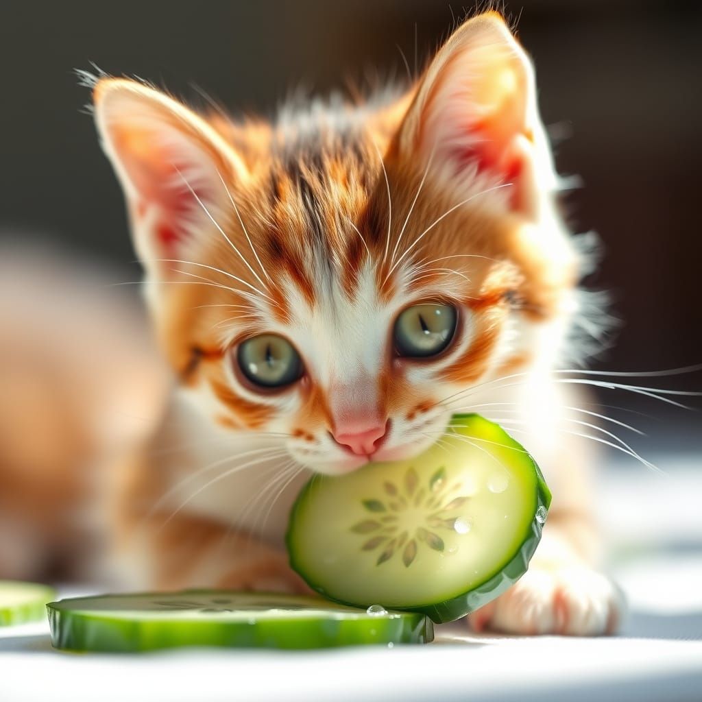 Photorealistic Calico Kitten Eats Cucumber in Sunlight