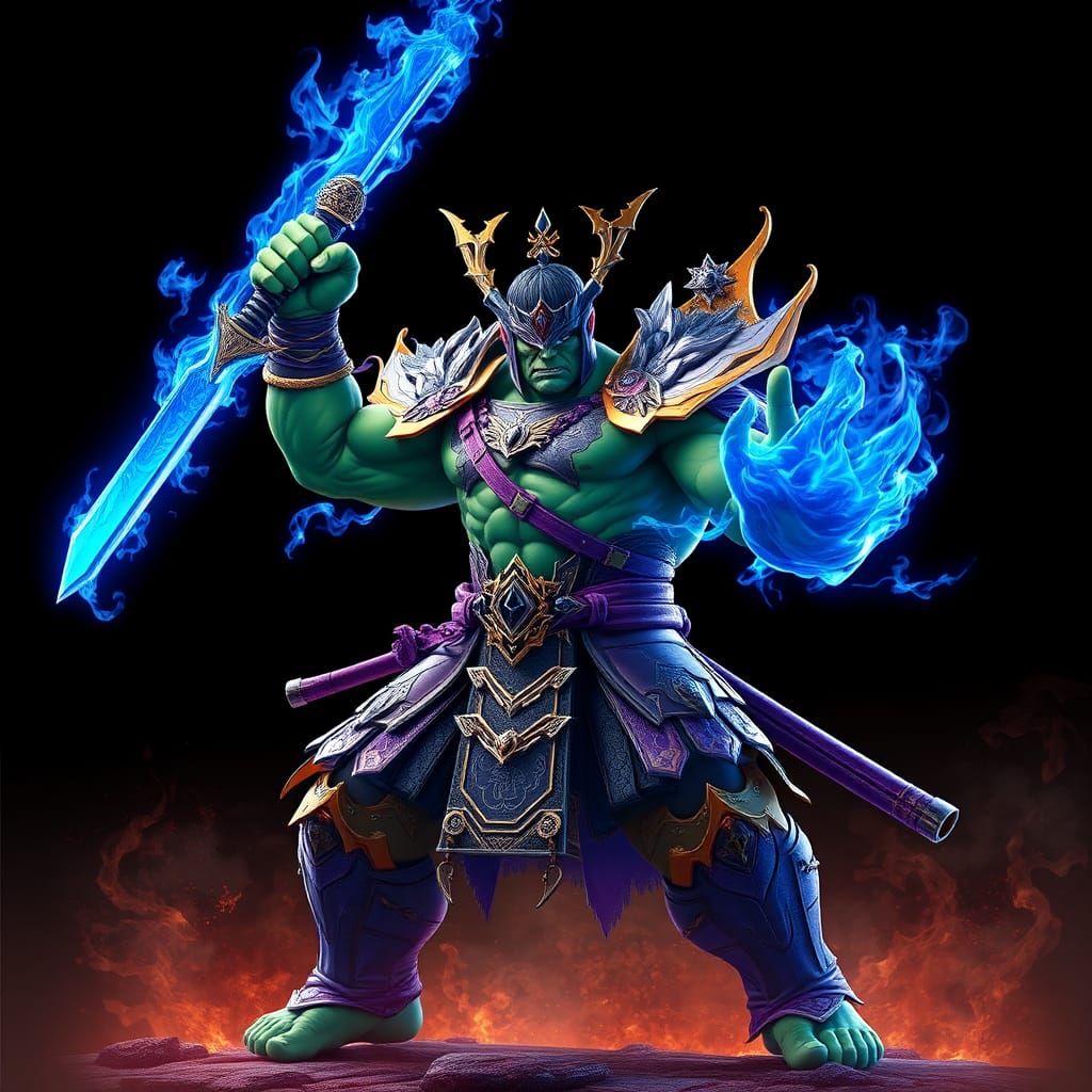 Hulk in Cosmic Samurai Armor with Flaming Katana