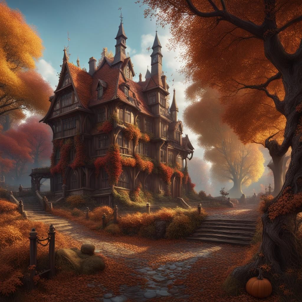 Autumnal Old Woman Fieldwork in Detailed Matte Painting