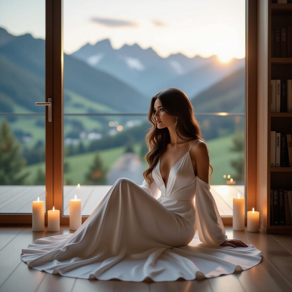 Elegant Woman in Glass Bedroom at Golden Hour
