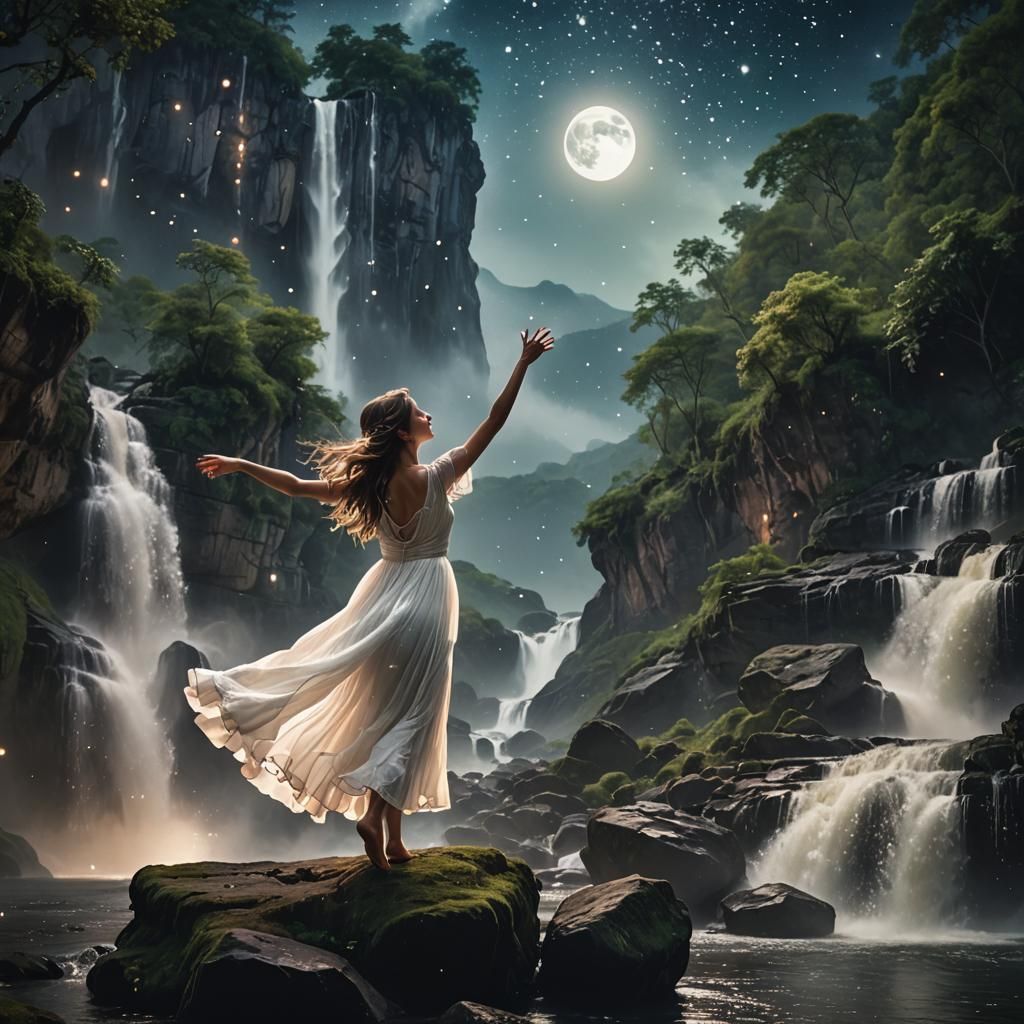 Girl Dances with Moon in Starry Fantasy Landscape
