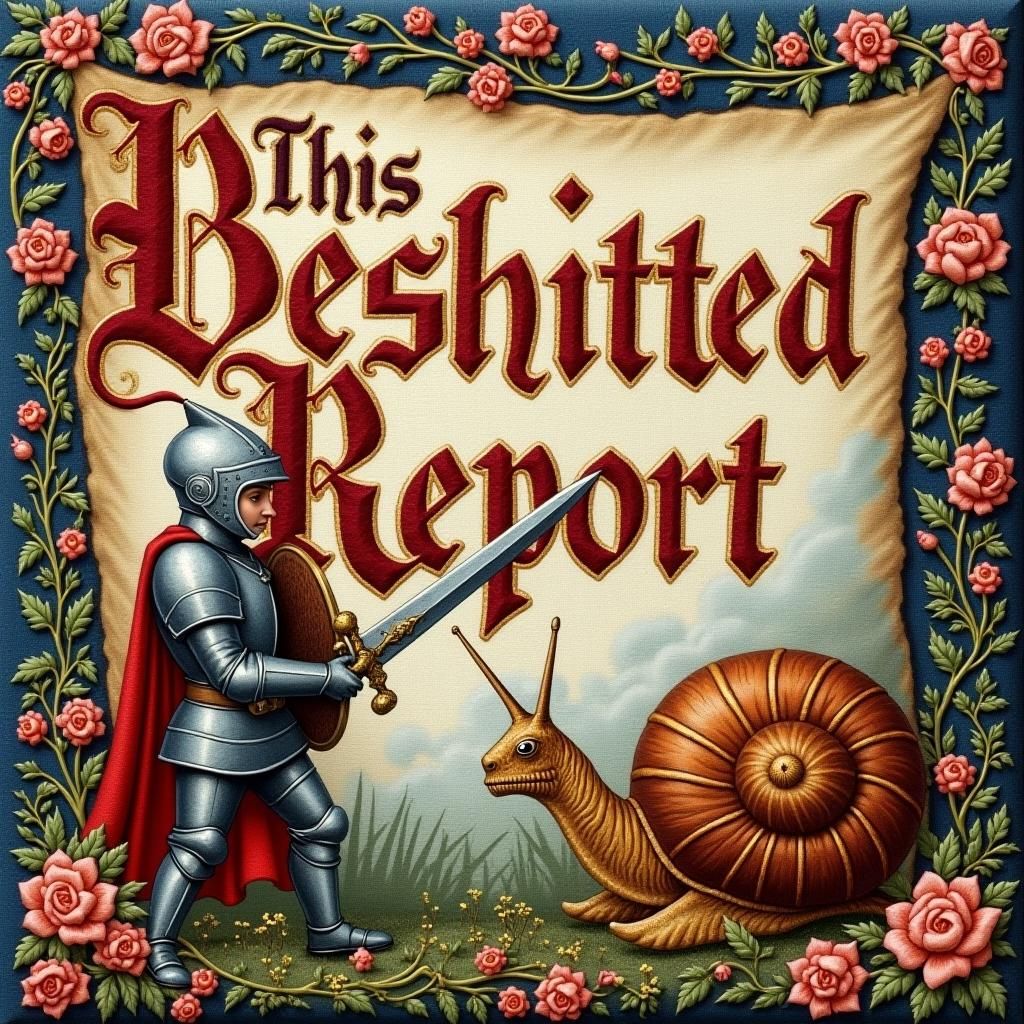 Medieval Tapestry: Knight vs Snail in Gothic Style