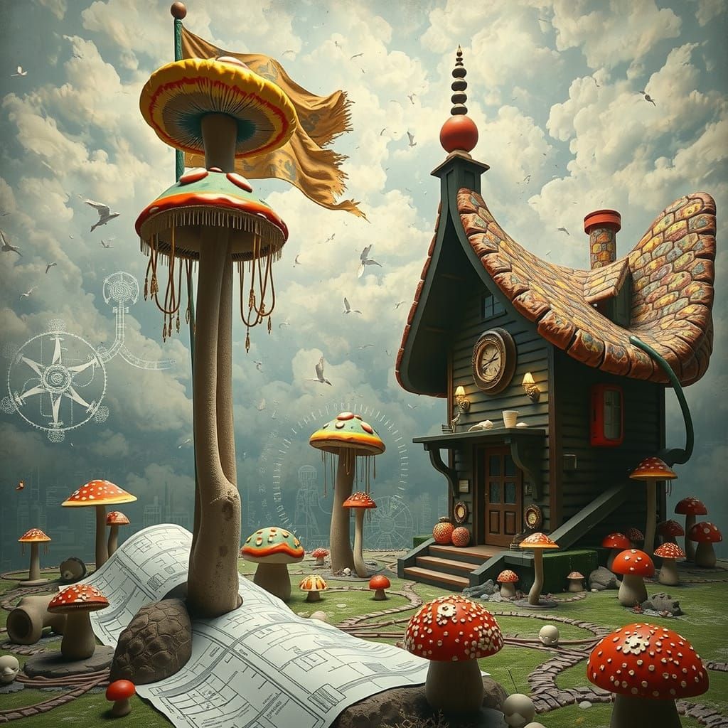 Surreal Mushroom Metropolis in Industrial Whimsy